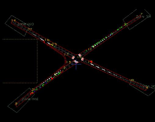 Figure 193. Screen Capture. PARAMICS Conflict Layout for PM Peak Hour of Intersection 1 (Total 118). This is a screen capture of conflicts layout in PARAMICS for the PM peak hour of intersection Briarcliff Rd & North Druid Hills Rd, Dekalb County, Atlanta, GA. There are 118 conflicts and they are distributed along each approach. There are some crashes at each link. Most of the conflicts have large TTC.