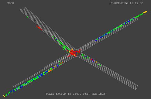 Figure 194. Screen Capture. TEXAS Conflict Layout for PM Peak Hour of Intersection 1 (Total 878). This is a screen capture of conflicts layout in TEXAS for the PM peak hour of intersection Briarcliff Rd & North Druid Hills Rd, Dekalb County, Atlanta, GA. There are 878 conflicts and most of the conflicts are located along each approach. There are many crashes within the intersection. Most of the conflicts along the links have large TTC.