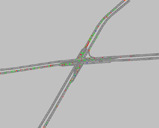 Figure 195. Screen Capture. VISSIM Conflict Layout for AM Peak Hour of Intersection 2 (Total 181). This is a screen capture of conflicts layout in VISSIM for the AM peak hour of intersection Roswell Road & Abernathy Road, Fulton County, Atlanta, GA. There are 181 conflicts and they are located along each approach. There are many crashes along each approach.