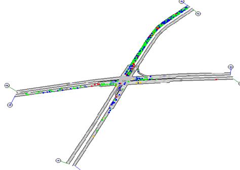 Figure 196. Screen Capture. AIMSUN Conflict Layout for AM Peak Hour of Intersection 2 (Total 997). This is a screen capture of conflicts layout in AIMSUN for the AM peak hour of intersection Roswell Road & Abernathy Road, Fulton County, Atlanta, GA. There are 997 conflicts and most of the conflicts are located on north approach. There are a few crashes along each approach. Most of the conflicts have large TTC.