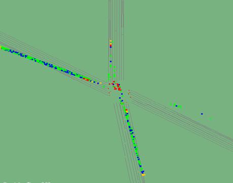 Figure 198. Screen Capture. TEXAS Conflict Layout for AM Peak Hour of Intersection 2 (Total 2,242). This is a screen capture of conflicts layout in TEXAS for the AM peak hour of intersection Roswell Road & Abernathy Road, Fulton County, Atlanta, GA. There are 2,242 conflicts and most of the conflicts are located on the northbound approach. There are some crashes within the intersection and most of the conflicts have large TTC.