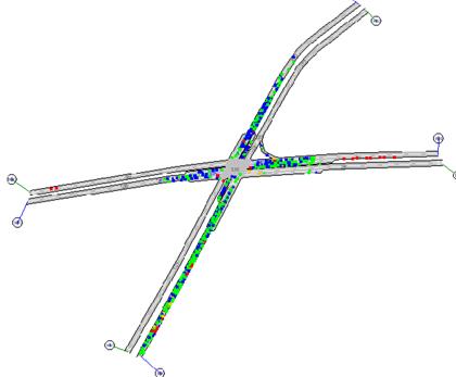 Figure 200. Screen Capture. AIMSUN Conflict Layout for Mid Peak Hour of Intersection 2 (Total 1,107). This is a screen capture of conflicts layout in AIMSUN for the mid peak hour of intersection Roswell Road & Abernathy Road, Fulton County, Atlanta, GA. There are 1,107 conflicts and most of the conflicts are located on the S-N approaches. There are a few crashes at the entry of each approach. Most of the conflicts have large TTC.