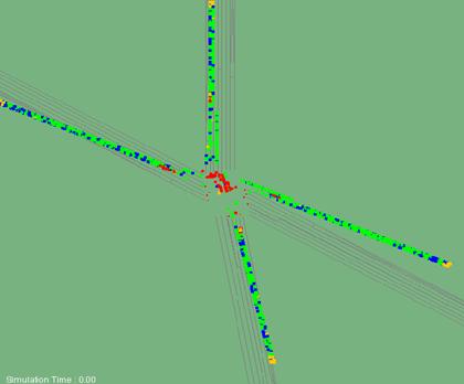 Figure 202. Screen Capture. TEXAS Conflict Layout for Mid Peak Hour of Intersection 2 (Total 5,173). This is a screen capture of conflicts layout in TEXAS for the mid peak hour of intersection Roswell Road & Abernathy Road, Fulton County, Atlanta, GA. There are 5,173 conflicts and they conflicts are distributed evenly on the whole network. There are many crashes within the intersection. Most of the conflicts have large TTC.