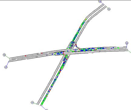 Figure 204. Screen Capture. AIMSUN Conflict Layout for PM Peak Hour of Intersection 2 (Total 619). This is a screen capture of conflicts layout in AIMSUN for the PM peak hour of intersection Roswell Road & Abernathy Road, Fulton County, Atlanta, GA. There are 619 conflicts and most of the conflicts are located on the S-N approaches. There are a few crashes within the network. Most of the conflicts have large TTC.