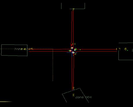 Figure 209. Screen Capture. PARAMICS Conflict Layout for AM Peak Hour of Intersection 3 (Total 46). This is a screen capture of conflicts layout in PARAMICS for the AM peak hour of intersection Lafayette Ave & Fulton Street, Grand Rapids, MI. There are 46 conflicts and they are located close to the intersection. There are some crashes on each approach. 