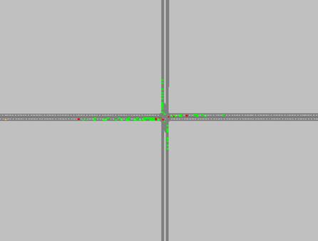 Figure 211. Screen Capture. VISSIM Conflict Layout for PM Peak Hour of Intersection 3 (Total 93). This is a screen capture of conflicts layout in VISSIM for the PM peak hour of intersection Lafayette Ave & Fulton Street, Grand Rapids, MI. There are 93 conflicts and they are located close to the intersection along each approach. There are some crashes within the intersection and along W-E approaches. Most of the conflicts have large TTC.