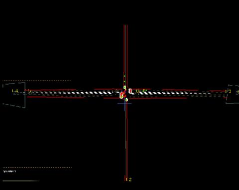 Figure 213. Screen Capture. PARAMICS Conflict Layout for PM Peak Hour of Intersection 3 (Total 45). This is a screen capture of conflicts layout in PARAMICS for the PM peak hour of intersection Lafayette Ave & Fulton Street, Grand Rapids, MI. There are 45 conflicts and they are located close to the intersection. There are some crashes within the intersection. Most of the conflicts have large TTC.