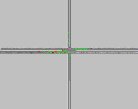 Figure 215. Screen Capture. VISSIM Conflict Layout for AM Peak Hour of Intersection 4 (Total 78). This is a screen capture of conflicts layout in VISSIM for the AM peak hour of intersection Ryan Ave & Davison Ave, Detroit, MI. There are 78 conflicts and they are located close to the intersection along each approach. There are some crashes along W-E approaches. Most of the conflicts have large TTC.