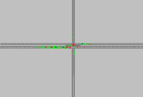 Figure 219. Screen Capture. VISSIM Conflict Layout for PM Peak Hour of Intersection 4 (Total 104). This is a screen capture of conflicts layout in VISSIM for the PM peak hour of intersection Ryan Ave & Davison Ave, Detroit, MI. There are 104 conflicts and most of them are located along W-E approaches. There are some crashes within the intersection and along W-E approaches. Most of the conflicts have large TTC.