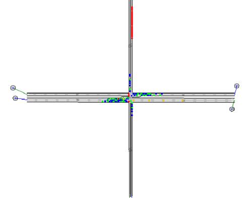 Figure 220. Screen Capture. AIMSUN Conflict Layout for PM Peak Hour of Intersection 4 (Total 229). This is a screen capture of conflicts layout in AIMSUN for the PM peak hour of intersection Ryan Ave & Davison Ave, Detroit, MI. There are 229 conflicts and most of them are located along W-E approaches. There are some crashes at the exit of southbound approach. Most of the conflicts have large TTC.