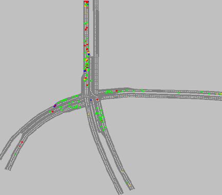 Figure 223. Screen Capture. VISSIM Conflict Layout for AM Peak Hour of Intersection 5 (Total 185). This is a screen capture of conflicts layout in VISSIM for the AM peak hour of intersection Howe Ave & Fair Oaks Boulevard, Sacramento, CA. There are 185 conflicts and they are located along each approach. There are some crashes along each approach. Most of the conflicts have large TTC.