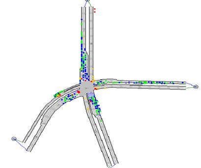 Figure 224. Screen Capture. AIMSUN Conflict Layout for AM Peak Hour of Intersection 5 (Total 558). This is a screen capture of conflicts layout in AIMSUN for the AM peak hour of intersection Howe Ave & Fair Oaks Boulevard, Sacramento, CA. There are 558 conflicts and they are located along each approach. There are some crashes along each approach. Most of the conflicts have large TTC.