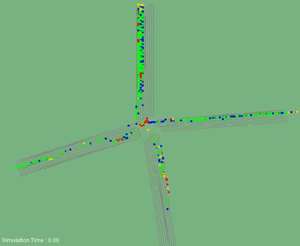 Figure 226. Screen Capture. TEXAS Conflict Layout for AM Peak Hour of Intersection 5 (Total 1,972). This is a screen capture of conflicts layout in TEXAS for the PM peak hour of intersection Howe Ave & Fair Oaks Boulevard, Sacramento, CA. There are 1,972 conflicts and they are located along each approach. There are many crashes along each approach. Most of the conflicts have large TTC.