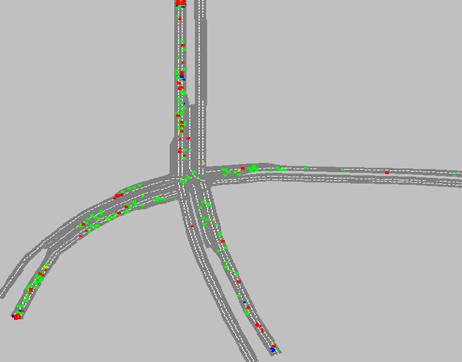 Figure 227. Screen Capture. VISSIM Conflict Layout for PM Peak Hour of Intersection 5 (Total 301). This is a screen capture of conflicts layout in VISSIM for the PM peak hour of intersection Howe Ave & Fair Oaks Boulevard, Sacramento, CA. There are 301 conflicts and they are located along each approach. There are some crashes along each approach. Most of the conflicts have large TTC.