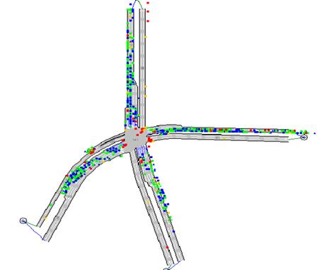 Figure 228. Screen Capture. AIMSUN Conflict Layout for PM Peak Hour of Intersection 5 (Total 988). This is a screen capture of conflicts layout in AIMSUN for the PM peak hour of intersection Howe Ave & Fair Oaks Boulevard, Sacramento, CA. There are 988 conflicts and they are located along each approach. There are some crashes along each approach. Most of the conflicts have large TTC.