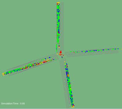 Figure 230. Screen Capture. TEXAS Conflict Layout for PM Peak Hour of Intersection 5 (Total 4,349). This is the screen capture of conflicts layout in TEXAS for the PM peak hour of intersection Howe Ave & Fair Oaks Boulevard, Sacramento, CA. There are 4,349 conflicts and they are located along each approach. There are many within the intersection and along each approach. Most of the conflicts have large TTC.