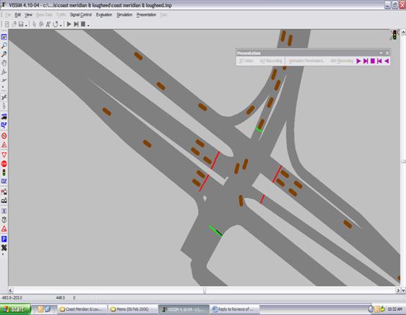 Figure 243. Screen Capture. First and Second Vehicles Arriving. This is a screen capture from a running VISSIM simulation. Two vehicles stop at the red light on the eastbound approach, with two more vehicles arriving after each other.