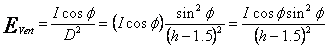 Figure 2. Equation. Vertical illuminance (EVert) at a height of 1.5 m (5 ft). Vertical illuminance is equal to the luminous intensity times cosine phi divided by the distance squared. This is equal to the luminous intensity times the cosine phi times sine squared phi divided by the difference between the mounting height and the measurement height of 1.5 square meters (5 square feet). The final equality is the luminous intensity times cosine phi times sine squared phi divided by the difference between the mounting height and 1.5 squared. 