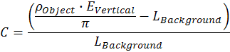 Figure 5. Equation. Weber Contrast (modified). For a diffusely reflecting surface seen on or adjacent to the roadway, the Weber Contrast can be calculated as the reflectance of the specific object times the vertical illuminance divided by pi, minus the luminance of the background all divided by the luminance of the background. 