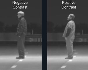 Figure 7. Photograph. Contrast of dark-clothed and light-clothed pedestrians. Two side-by-side black and white photographs illustrate the visual contrast of a pedestrian standing on the road at night. The pedestrian in dark clothing is observed in negative contrast from the feet to approximately the knees, which are observed against the lighted road surface, and then in very low positive contrast from the knees to the head when observed against a far sky background. The pedestrian in light-colored clothing is observed in negative contrast at the feet, which are observed against the lighted road surface, and in positive contrast from just above the feet to the head. 