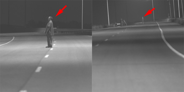 Figure 8. Photograph. Visual background for a pedestrian at 61 m (200 ft) and at 305 m (1,000 ft) from a vehicle. Two side-by-side black and white photographs illustrate the difference in the appearance of a pedestrian on the road at night when observed from 61 m (200 ft) and from 305 m (1,000 ft). At 305 m (1,000 ft) the pedestrian is predominantly viewed against a dark sky background and is almost completely in positive contrast. At 61 m (200 ft), the lower half of the pedestrian is viewed against the lighted road surface, and the upper half is viewed against the dark sky. Red arrows superimposed on the image point to the pedestrian in each photograph.