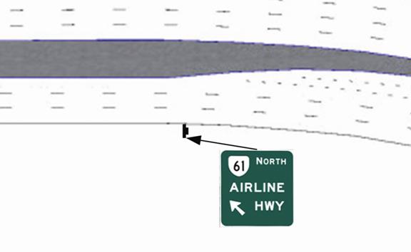 This diagram shows that in the one ground-mounted signs condition there was no KEEP LEFT sign, and that the only ground mounted sign, which was on the right side of the road. The ground-mounted sign had a State Route 61 shield accompanied by the word "north" in the upper left. Under the State  Route shield was the street name "AIRLINE HWY." To the left of the street name was a left diagonal arrow.