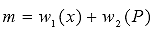 Equation 2. m is the expected number of crashes before strategy. m equals the product of w subscript 1 and x plus the product of w subscript 2 and P.