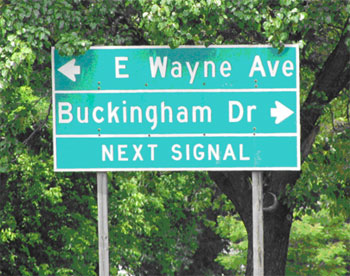 This photo shows an example of an advance street name sign with trees in the background. The sign is green with a white border and with three lines of white text separated by white horizontal lines. The first line shows an arrow on the left side of the sign pointing to the left followed by the words, "E Wayne Ave." The second line reads, "Buckingham Dr" followed by an arrow pointing to the right. The third line reads, "NEXT SIGNAL."