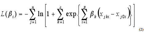 Equation 2. Beta sub i. The likelihood of beta sub i is equal to the negative sum of the natural log of part 1 over all cases from case j equals 1 to n, where part 1 equals 1 plus the sum of the exponential function of part 2 over all controls matched to a case from control k equals 1 to c, where part 2 equals the sum of part 3 over all unmatched variables from variable i equals 1 to p, where part 3 equals beta sub k times the quantity x sub jki minus x sub j0i