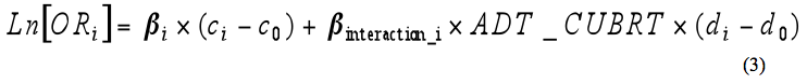 Equation 3. Log odds. The log odds, indicated by the natural log of OR sub i, is equal to part 1 plus part 2, where part 1 equals beta sub i times the quantity c sub i minus c sub 0 and part 2 equals beta sub interaction_i times ADT_CUBRT times the quantity d sub i minus d sub 0.