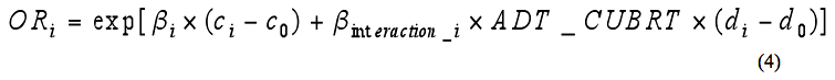 Equation 4. OR sub i. OR sub i is equal to the exponential function of part 1 plus part 2, where part 1 equals beta sub i times the quantity c sub i minus c sub 0 and part 2 equals beta sub interaction_i times ADT_CUBRT times the quantity d sub i minus d sub 0.