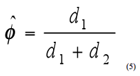 Equation 5. Probability of a discordant pair, phi hat. The probability of a discordant pair, phi hat, equals d sub 1 divided by the sum of d sub 1 plus d sub 2.