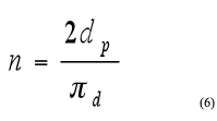 Equation 6. Sample size, n. The total sample size, n, equals the product 2 times d sub p divided by pi sub d. 
