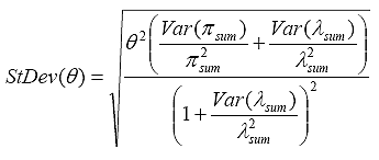 Equation 6. Standard deviation of theta. The standard deviation of theta equals the square root of the product of theta squared and a plus b, all divided by the quantity of 1 plus b; where a equals the quotient of variance of sum of pis divided by the sum of pi squared, and where b equals the variance of sum of lambda divided by the sum of the lambdas squared.