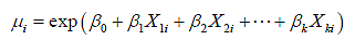 Figure 1.  Equation.  General form of a negative binomial regression.  Mu subscript i equals the exponential of parentheses beta subscript zero plus beta subscript 1 times X subscript 1i plus beta subscript 2 times X subscript 2i and continuing in similar fashion to beta subscript k times X subscript ki end parentheses.