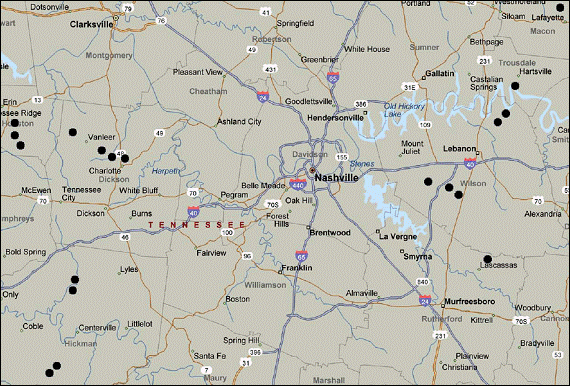 Figure 2.  Chart.  Map of 19 curve study sites.  A regional map of Tennessee centered on Nashville identifies the locations of the 19 curve study sites; dots indicate the study sites.