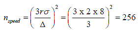 Figure 4.  Equation.  Power analysis for sample size to detect a speed difference of 3 mi/h.  n subscript speed equals parentheses 3 times r times sigma divided by delta end parentheses squared.  That quotient equals parentheses 3 times 2 times 8 divided by 3 end parentheses squared equals 256.