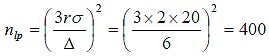 Figure 5.  Equation.  Power analysis for sample size to detect a lateral placement difference of 6 inches.  n subscript l p equals parentheses 3 times r times sigma divided by delta end parentheses squared.  That quotient equals parentheses 3 times 2 times 20 divided by 6 end parentheses squared equals 400.