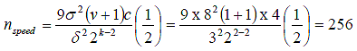 Figure 6.  Equation.  Power analysis for sample size to detect a speed difference of 3 mi/h with two interactions.  n subscript speed equals 9 times sigma squared times parentheses nu plus 1 end parentheses times c divided by delta squared times 2 superscript k minus 2, that whole quotient times 1/2  That whole quotient equals 9 times 8 squared parentheses 1 plus 1 end parentheses times 4 divided by 3 squared times 2 superscript 2 minus 2, that whole quotient times 1/2 equals 256.