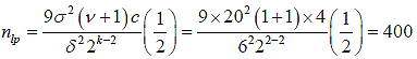 Figure 7.  Equation.  Power analysis for sample size to detect a lateral placement difference of 6 inches with two interactions.  n subscript l p equals 9 times sigma squared times parentheses nu plus 1 end parentheses times c divided by delta squared times 2 superscript k minus 2 times, that whole quotient times 1/2.  That quotient equals 9 times 20 squared parentheses 1 plus 1 end parentheses times 4 divided by 6 squared times 2 superscript 2 minus 2, that whole quotient times 1/2 equals 400.