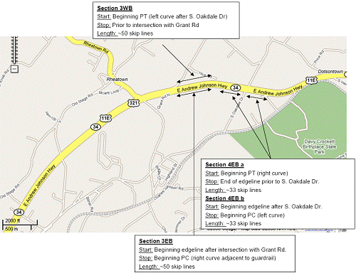 Figure 37.  Illustration.  Test sections 3 and 4.  The section descriptions show that section 3 eastbound (EB) starts at the beginning edge line after the intersection with Grant Road, stops at the beginning of the point of curvature  for a right curve with guardrail, and includes approximately 50 skip lines; section 4 EB a starts at the beginning of the point of treatment  for a right curve, stops at the end of the edge line prior to South Oakdale Drive, and includes approximately 33 skip lines; section 4 EB b starts at the beginning edge line after South Oakdale Drive, stops at the beginning of the point of curvature for a left curve, and includes approximately 33 skip lines; section 3 WB starts at the beginning of the point of treatment for a left curve after South Oakdale Drive, stops prior to the intersection with Grant Road, and includes approximately 50 skip lines.