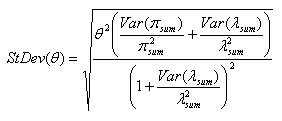 Equation 6. Standard deviation of theta. The standard deviation of theta equals the square root of the product of theta squared and a plus b, all divided by the quantity of 1 plus b, where a equals the quotient of variance of the sum of pis divided by the sum of pi squared and b equals the quotient of variance of the sum of lambdas divided by the sum of lambda squared.