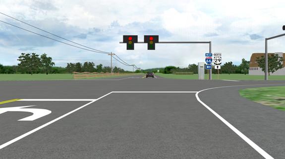 Figure 2. Screenshot. Simulated signalized intersection in normal operation. This screenshot from the driving simulation is nearly identical to figure 1, shown from the driver's perspective. There are two signal heads above the travel lane of the road that are mounted on a mast arm. The signal heads have glare shields that form a T. Unlike figure 1, only one lens is illuminated at the top center of each T formed by the traffic signal head glare shields. The image shows what the simulated intersection looks like during a normal red signal phase.