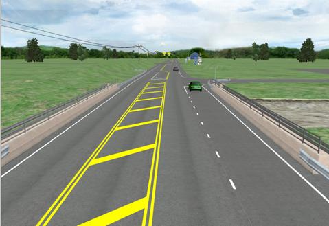 Figure 6. Screenshot. Other car leads condition. This screenshot from the driving simulator shows the road ahead from a viewpoint slightly higher than the normal driver's view. There are two lanes on the right going in the direction of the driver and one opposing lane to the left. The lane to the right of the driver is a right-turn deceleration lane. A green sedan can be seen about to turn right from the deceleration lane. Further ahead in the same lane as the driver, a gray sedan can be seen. The gray sedan has turned right onto the road from the same T-intersection that the green sedan is about to turn onto.