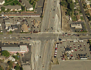 Figure 4. DLT intersection in Salt Lake City, UT. The photo shows a partial displaced-left turn (DLT) intersection in Salt Lake City, UT, with DLT lanes visible on both the northern and southern approaches of the main intersection.