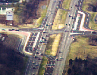 Figure 5. Photo. A partial DLT intersection in Fenton, MO. The photo shows a partial displaced left-turn (DLT) intersection in Fenton, MO.