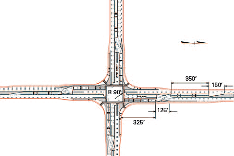 Figure 6. Illustration. Typical full DLT intersection with displaced left turns on all approaches. The figure is a geometric design which shows two legs of a full displaced left-turn (DLT) intersection. This design shows a typical full DLT intersection plan view with DLTs on all approaches.