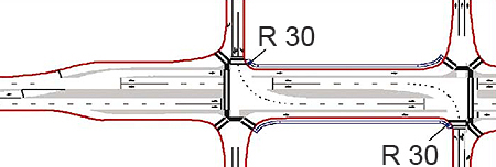This figure shows typical displaced left-turn (DLT) interchange geometry. A line diagram shows the layout of a DLT interchange. There are two intersections on either side of the main highway. The left traffic crosses over the median and opposing traffic before each of the two intersections or ramp terminals.