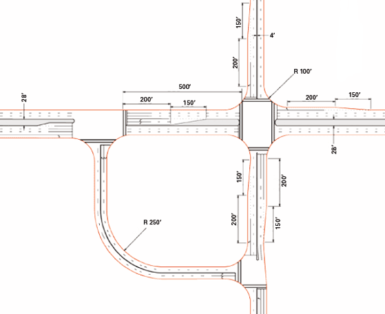 In the figure, there are two intersecting roads which make up a plus sign or four quadrants. In the southwest quadrant just before reaching the intersection, a road connects the eastbound approach to the northbound approach. This effectively creates three intersections which is called the quadrant roadway (QR) intersection. The connecting road can be in any of the quadrants, and the intersection is named based on the quadrant in which the connecting road exists. Here, the intersection is a southwest QR intersection. No left turns are allowed at the main intersection.