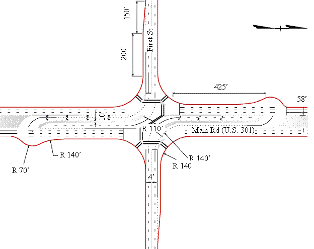 The figure shows a line diagram of a restricted crossing U-turn (RCUT) intersection. It also shows some dimensions as to the location of the median U-turns.